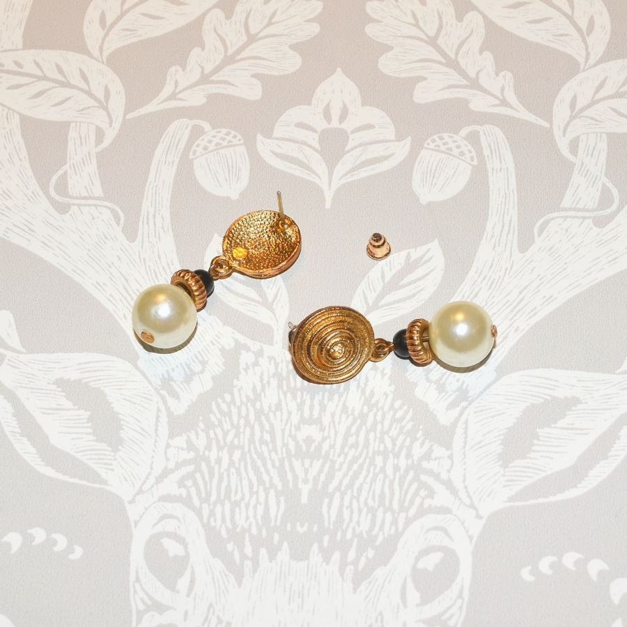 Gold Spin Pattern Medallion Pearl Drop Earrings Caroline C Estate Collection