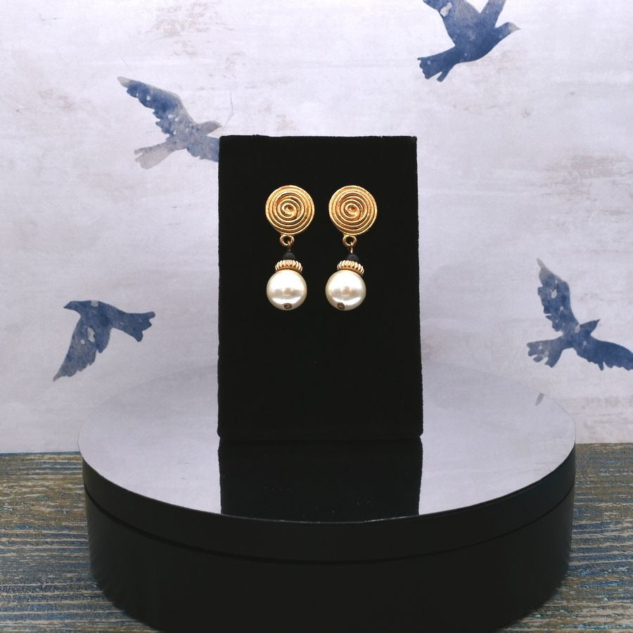 Gold Spin Pattern Medallion Pearl Drop Earrings Caroline C Estate Collection