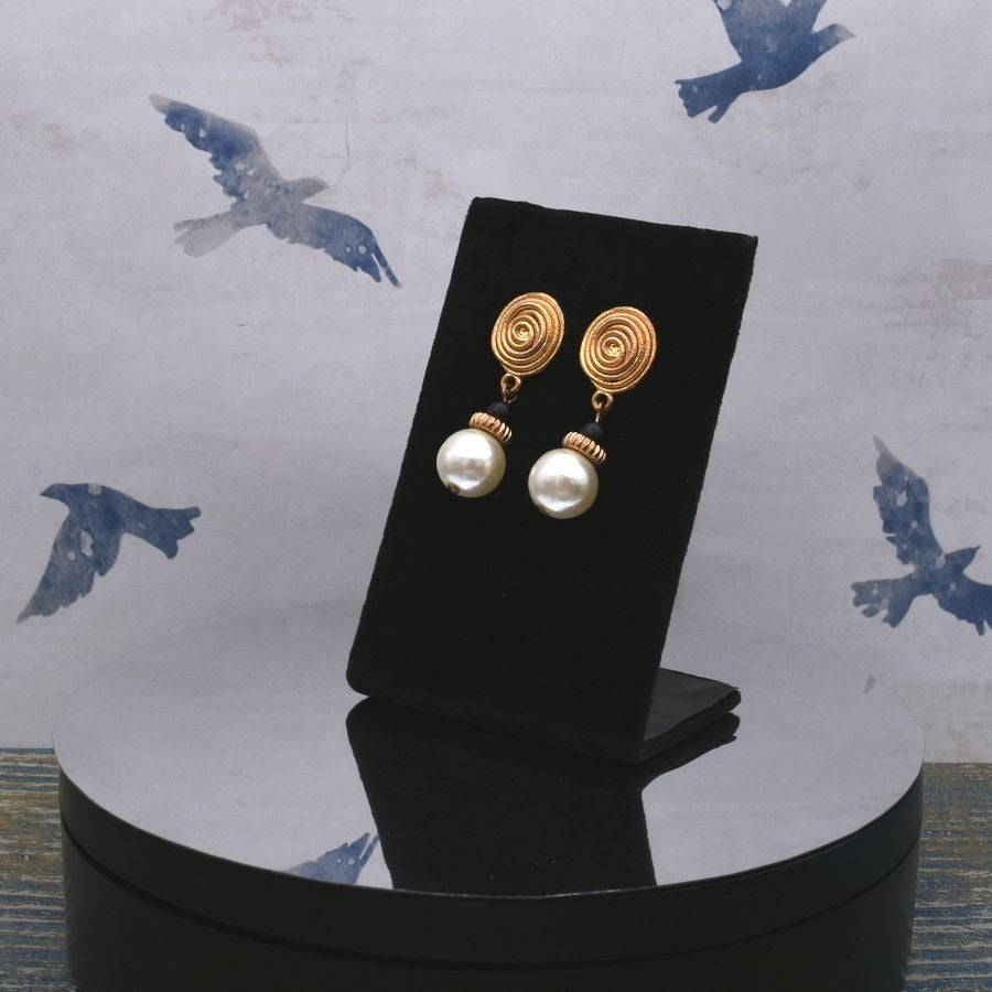Gold Spin Pattern Medallion Pearl Drop Earrings Caroline C Estate Collection