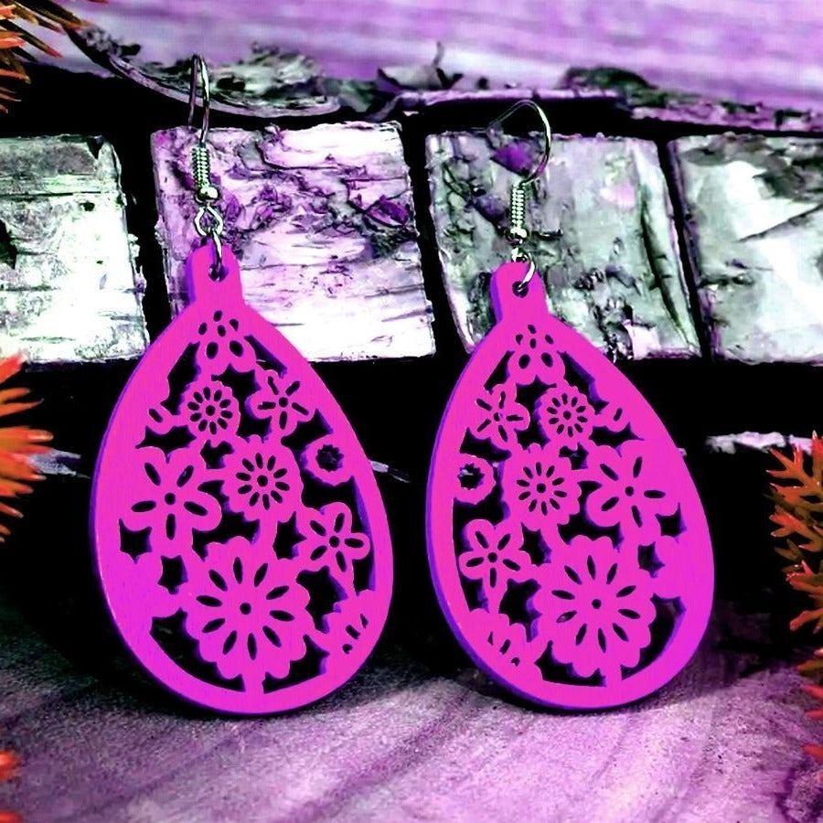 Ellisa Raine Sweet Pink Floral Wood Filigree Water Drop Earrings Gift Packaged