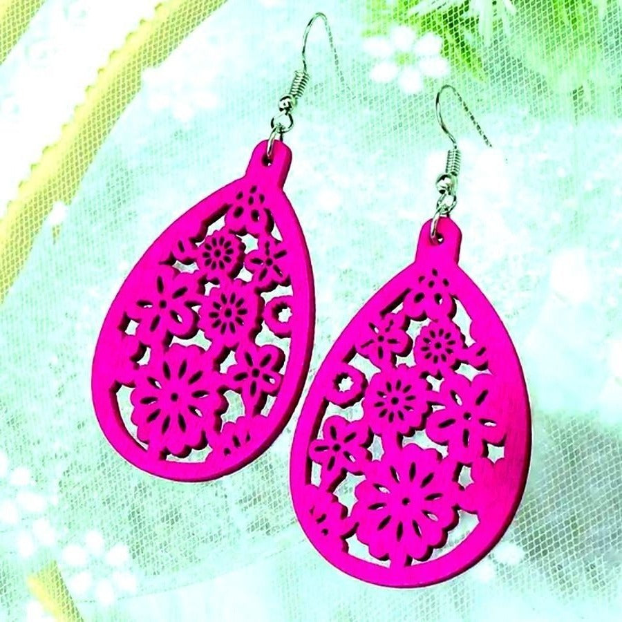 Ellisa Raine Sweet Pink Floral Wood Filigree Water Drop Earrings Gift Packaged