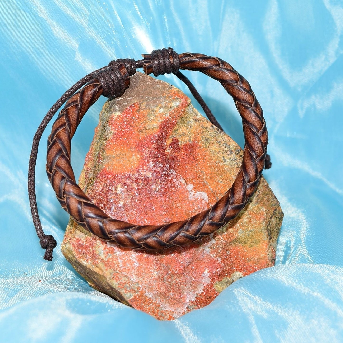 Riley Briar Rope Braid Sliding Tie Mens Leather Bracelet Brown Gift Packaged