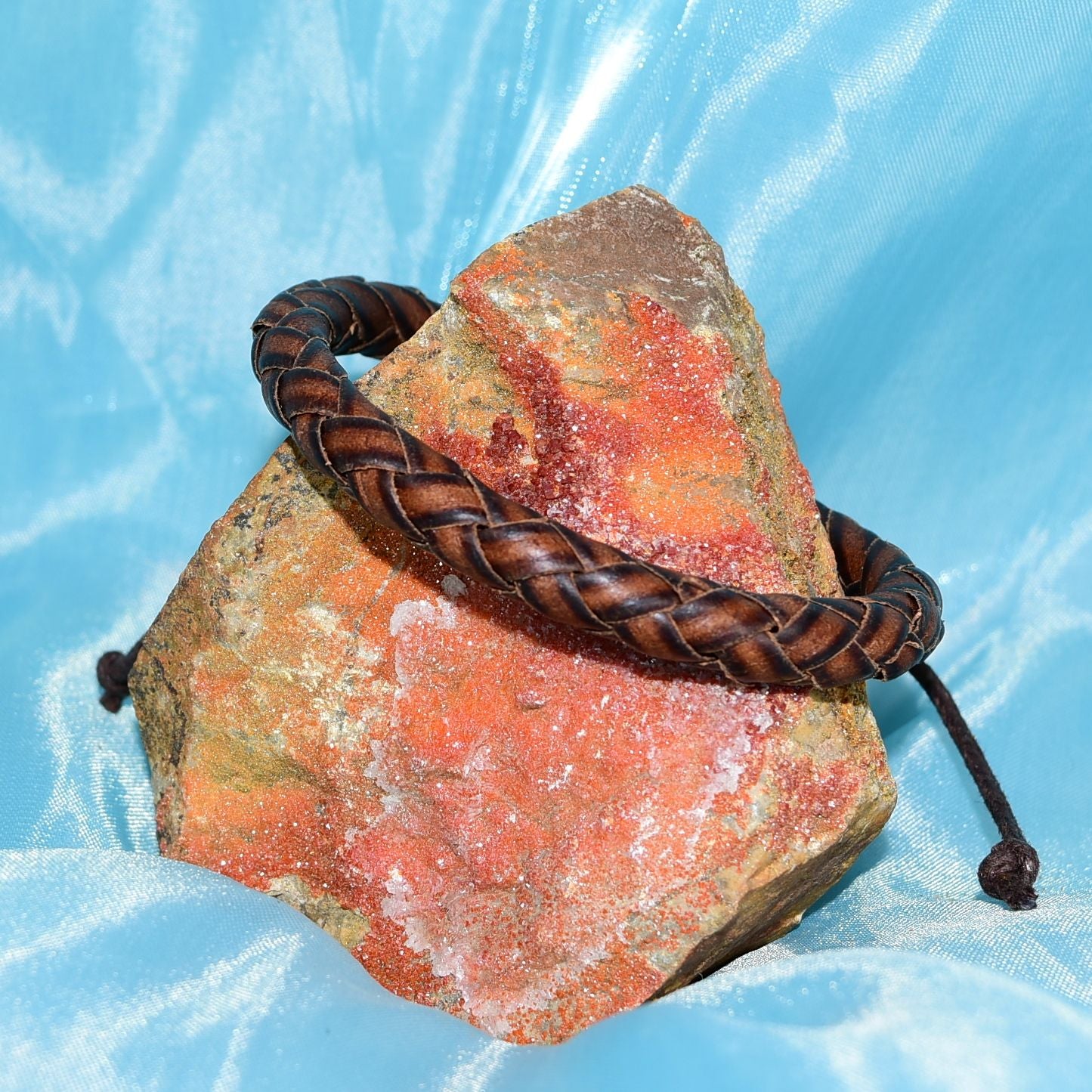 Riley Briar Rope Braid Sliding Tie Mens Leather Bracelet Brown Gift Packaged