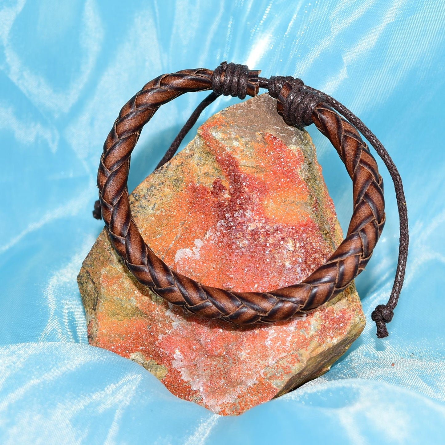 Riley Briar Rope Braid Sliding Tie Mens Leather Bracelet Brown Gift Packaged