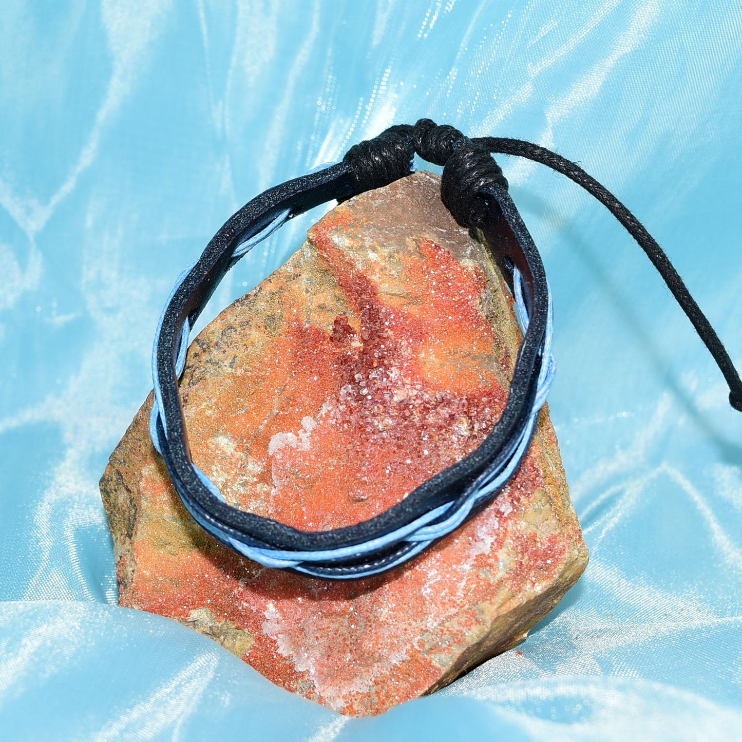 Malik Punch Weave Hemp Leather Bracelet Black Blue Unisex Gift Packaged