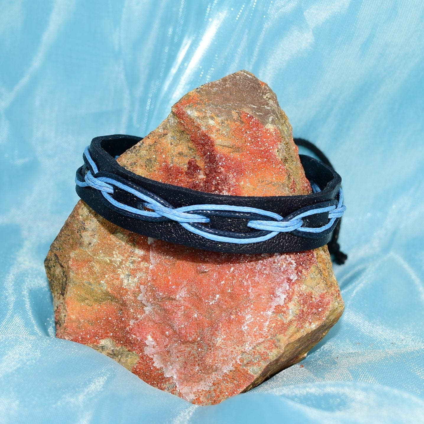 Malik Punch Weave Hemp Leather Bracelet Black Blue Unisex Gift Packaged