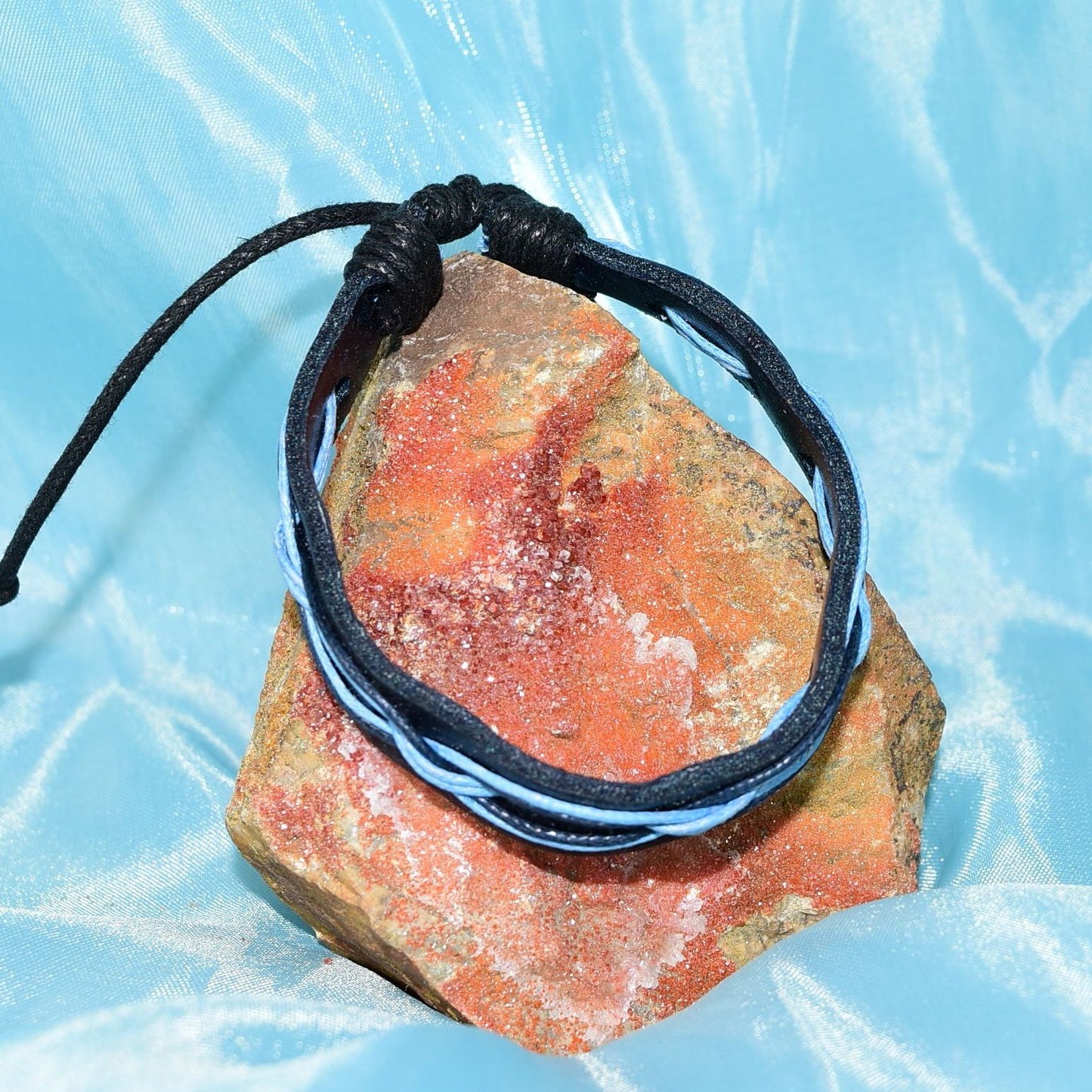 Malik Punch Weave Hemp Leather Bracelet Black Blue Unisex Gift Packaged