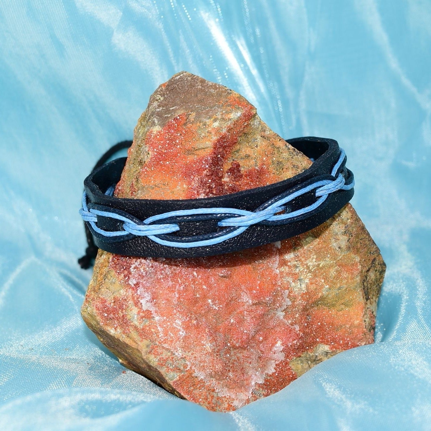 Malik Punch Weave Hemp Leather Bracelet Black Blue Unisex Gift Packaged