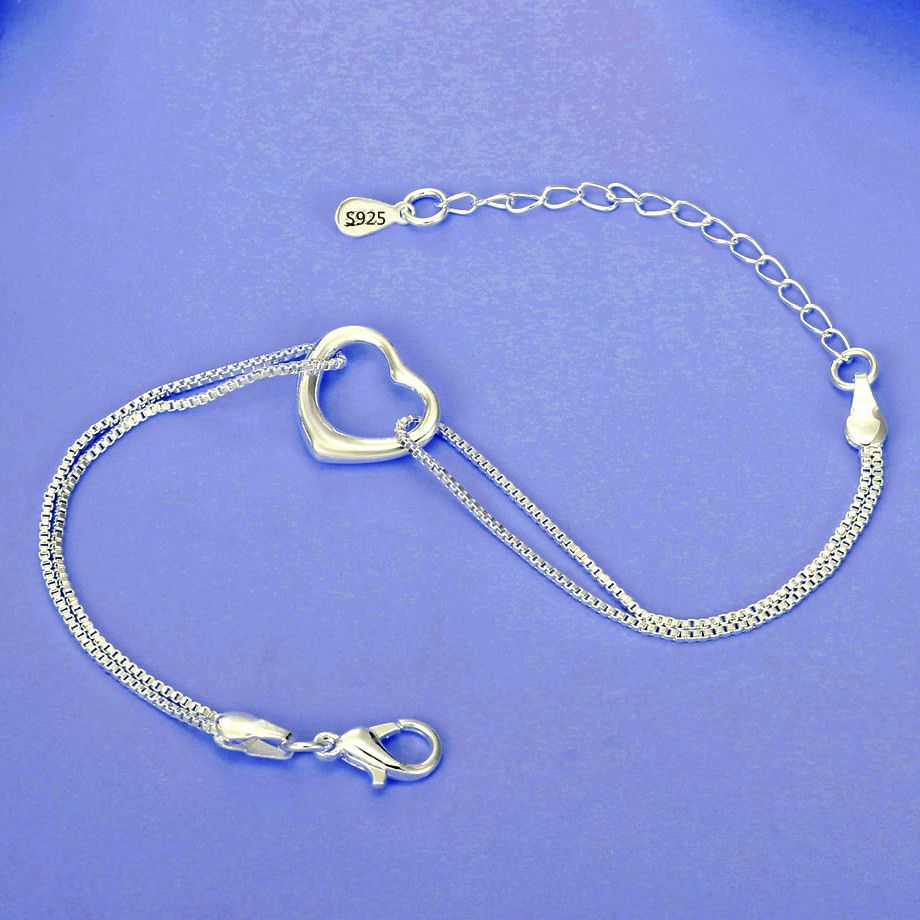 Minimalist Open Heart Double Chain 925 Sterling Silver Marianah Love Bracelet