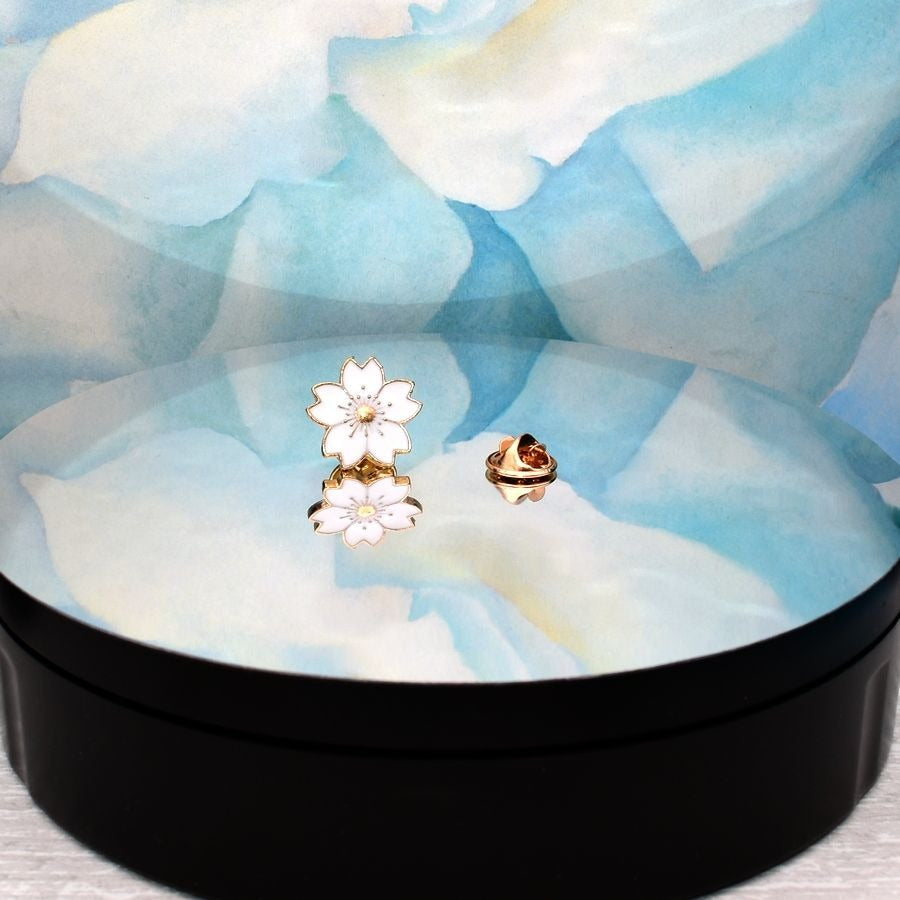 Kallie Juliet Cherry Blossom Flower Mini Brooch Pin White and Gold Gift Packaged