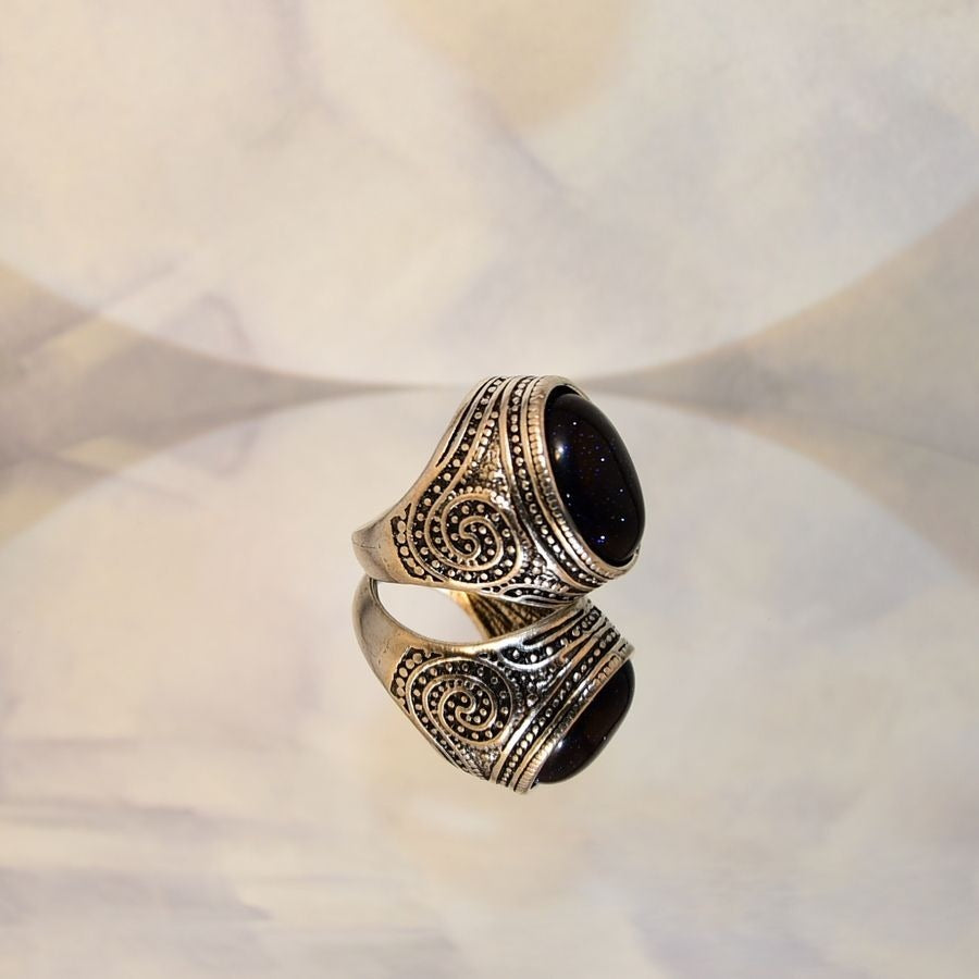 Kye Seafaring Etched Silver Ring Deep Blue Goldstone Simulate