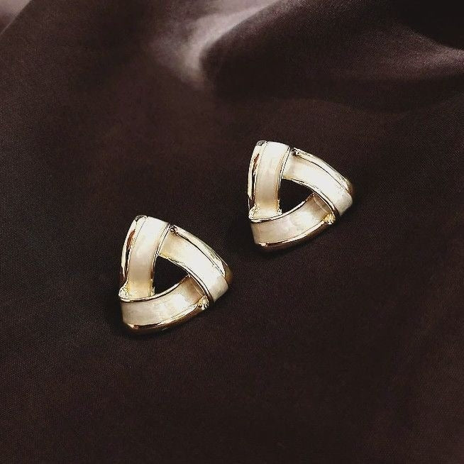 Aspen Artistic Cream White Drip Spun Enamel Open Triangle Earrings Gift Packaged