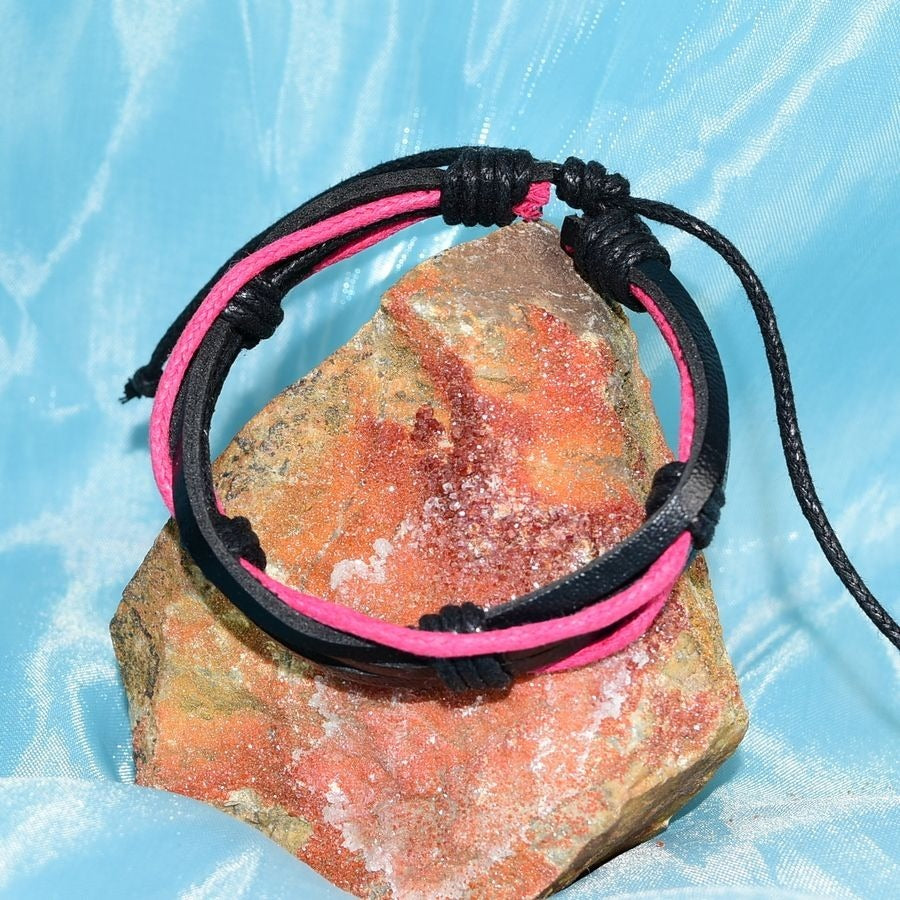 Aubrey Logan Mens Multi Layer Leather Bracelet Black and Pink