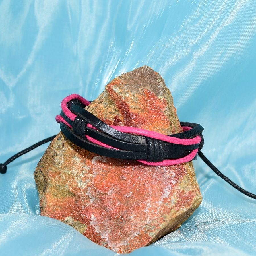 Aubrey Logan Mens Multi Layer Leather Bracelet Black and Pink