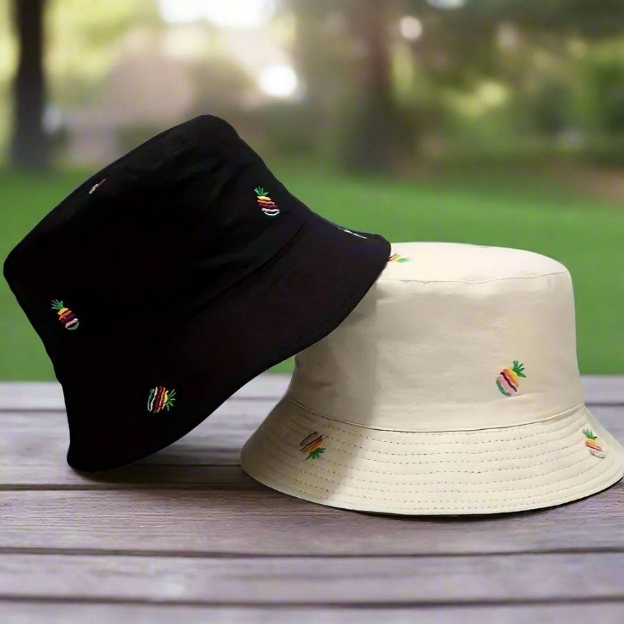 Everlynn Pineapple Embroidered Reversible Bucket Hat Tan Black Gift Packaged