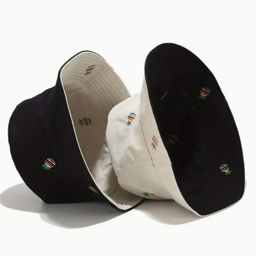 Everlynn Pineapple Embroidered Reversible Bucket Hat Tan Black Gift Packaged