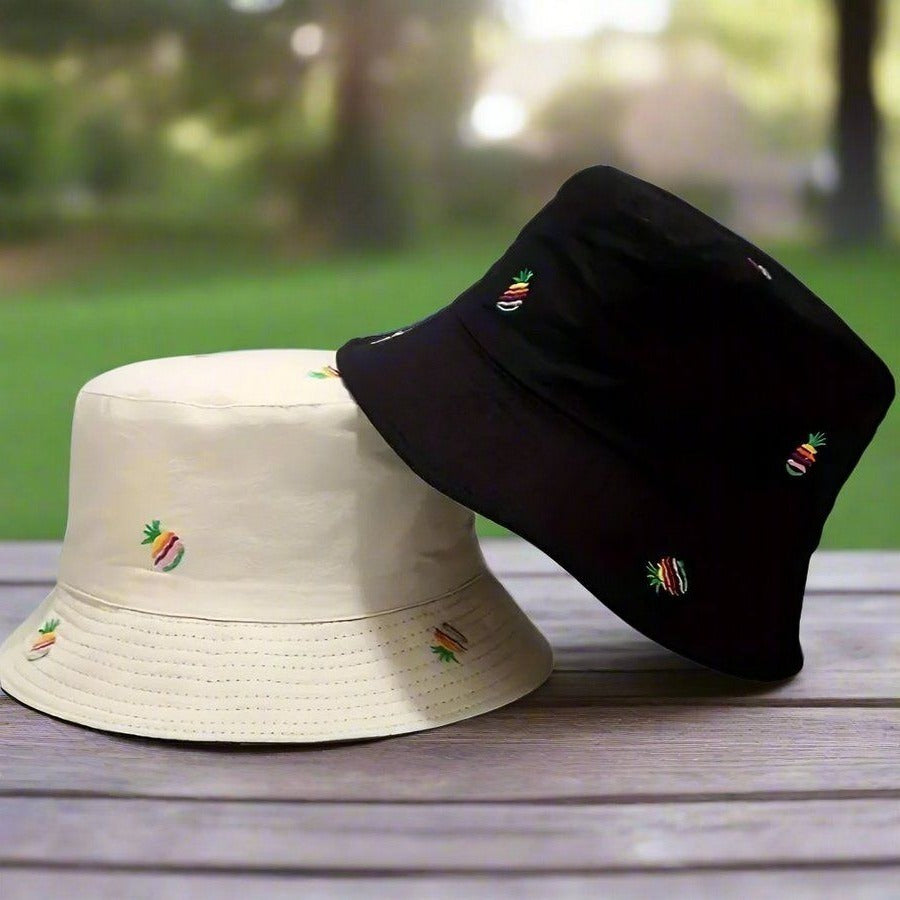 Everlynn Pineapple Embroidered Reversible Bucket Hat Tan Black Gift Packaged