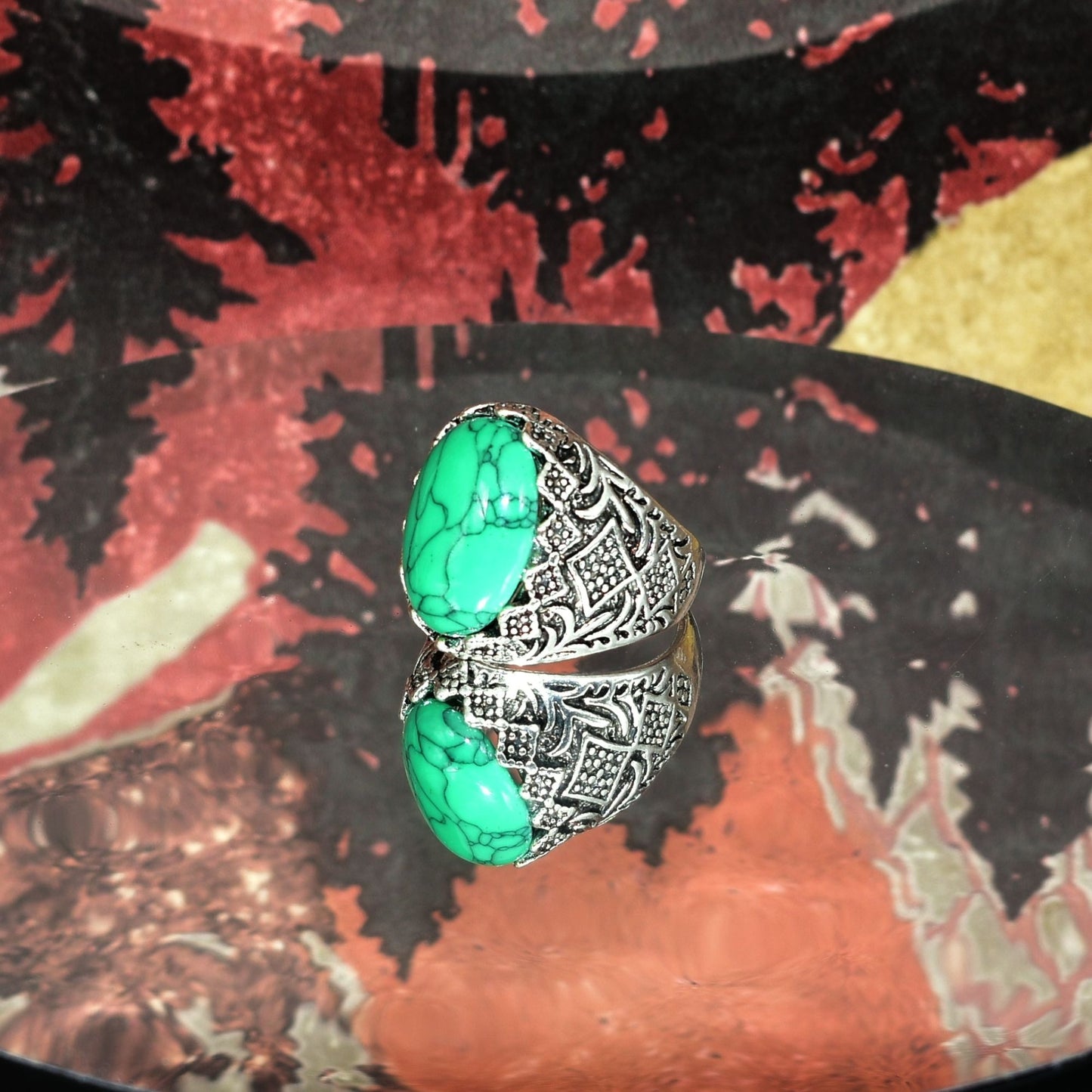 Kenneth Edge Mens Etched Silver Ring Green Turquoise Simulate