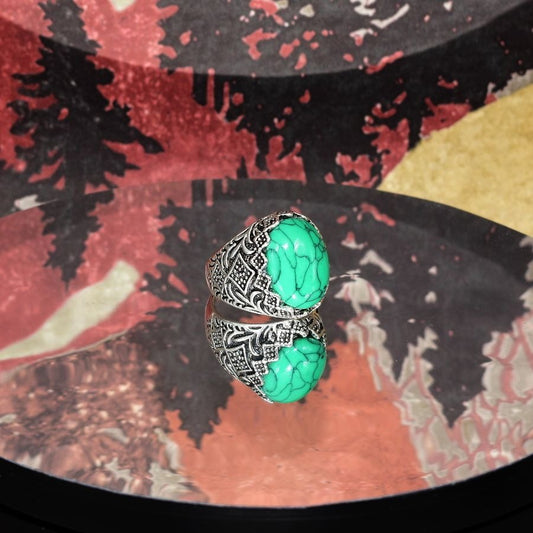 Kenneth Edge Mens Etched Silver Ring Green Turquoise Simulate