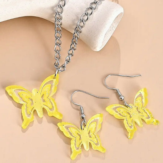 Lindy Jessa Colorful Yellow Butterfly Necklace Earrings Set Gift Packaged