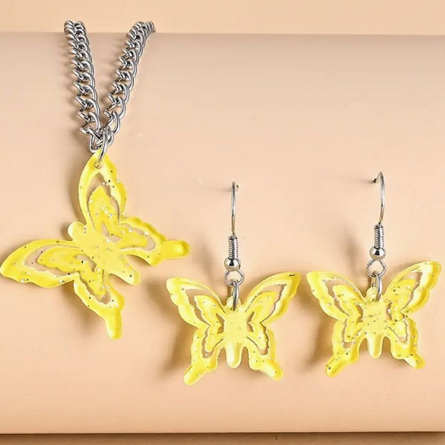 Lindy Jessa Colorful Yellow Butterfly Necklace Earrings Set Gift Packaged