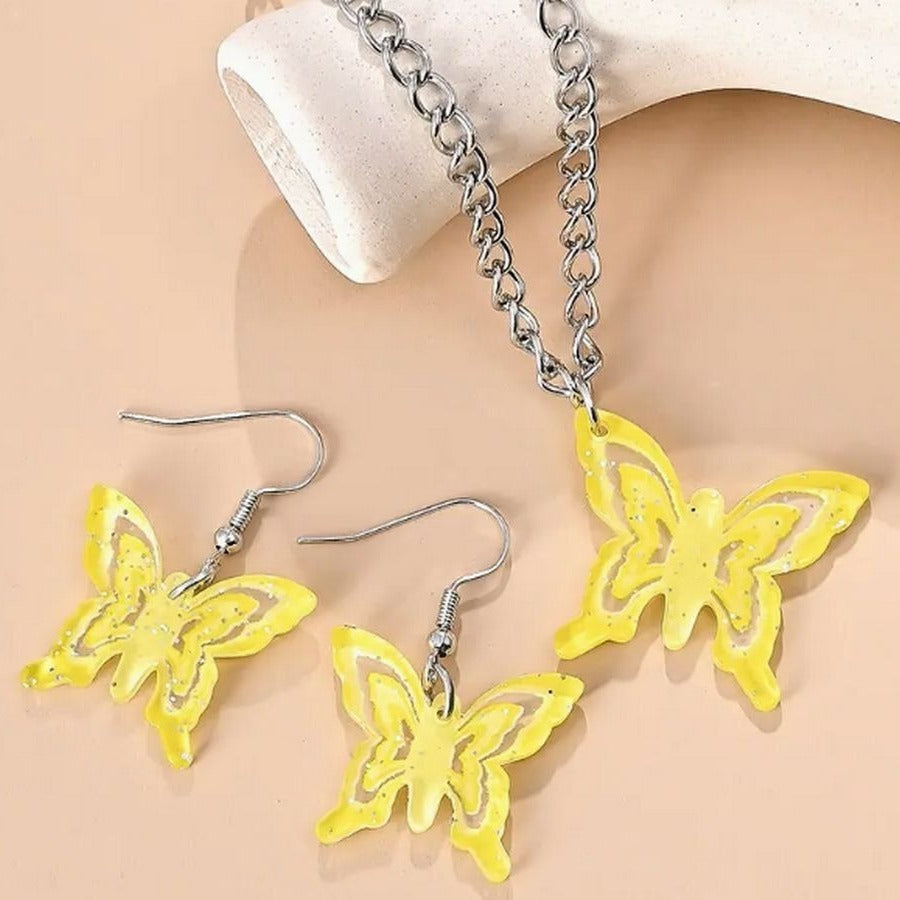 Lindy Jessa Colorful Yellow Butterfly Necklace Earrings Set Gift Packaged
