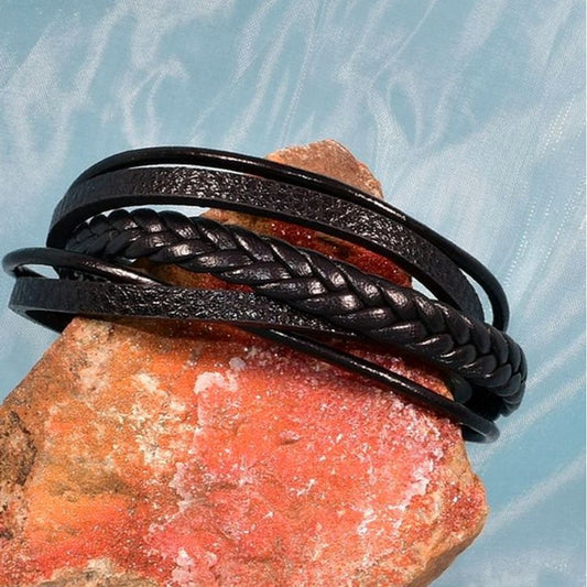 Vault Josef Mens Five Layer Silver Metal Clasp Leather Bracelet Black Gift Packaged