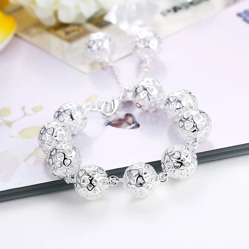 Elora Sphere Filigree Heart Ball Bead 925 Sterling Silver Bracelet