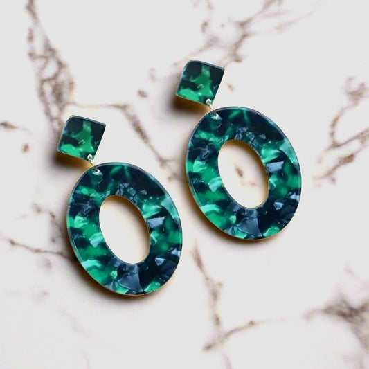 Geometric Statement Dangle Earrings Open Oval Zinnia Arts Abstract Forest Green