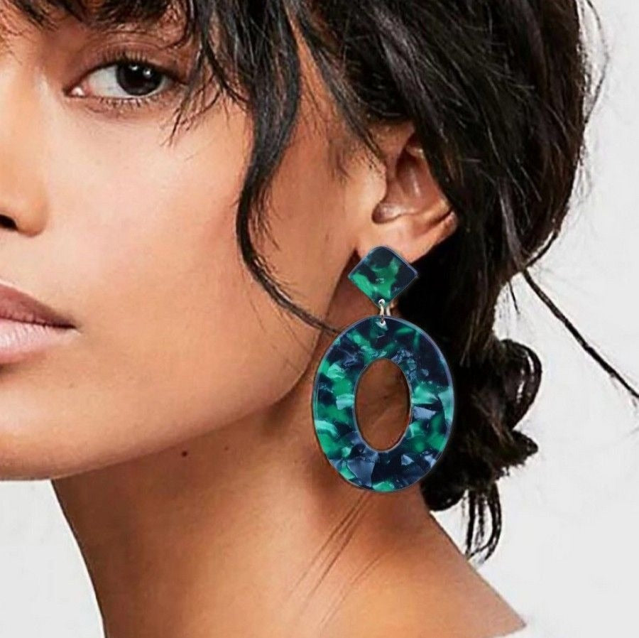 Geometric Statement Dangle Earrings Open Oval Zinnia Arts Abstract Forest Green