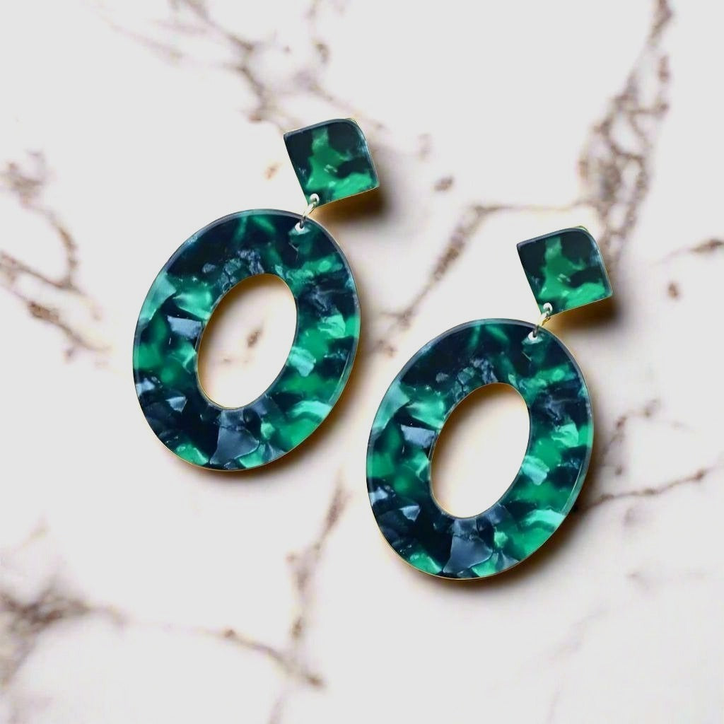 Geometric Statement Dangle Earrings Open Oval Zinnia Arts Abstract Forest Green