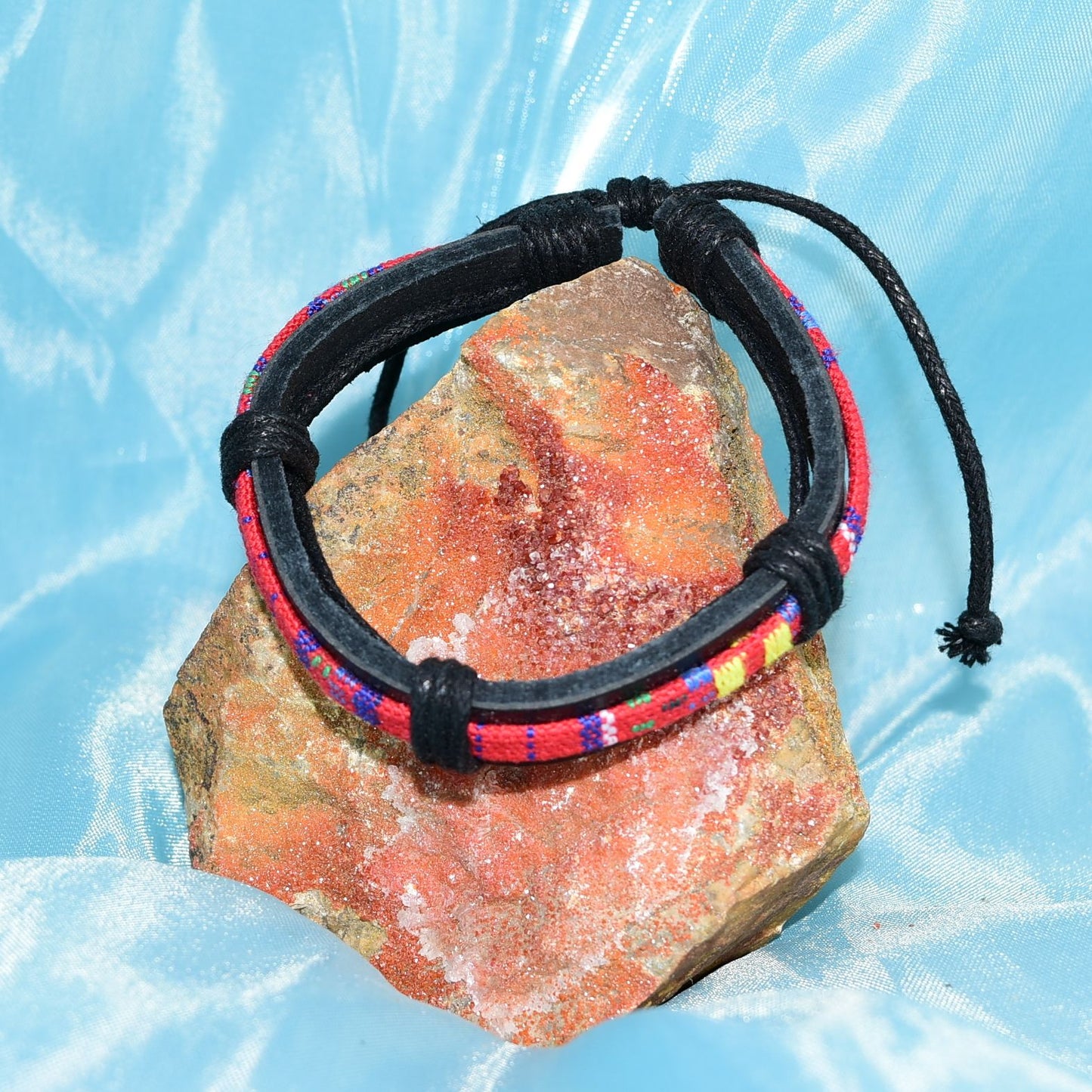 Azete Tapestry Sliding Tie Bracelet Black Red Multicolor Unisex Gift Boxed
