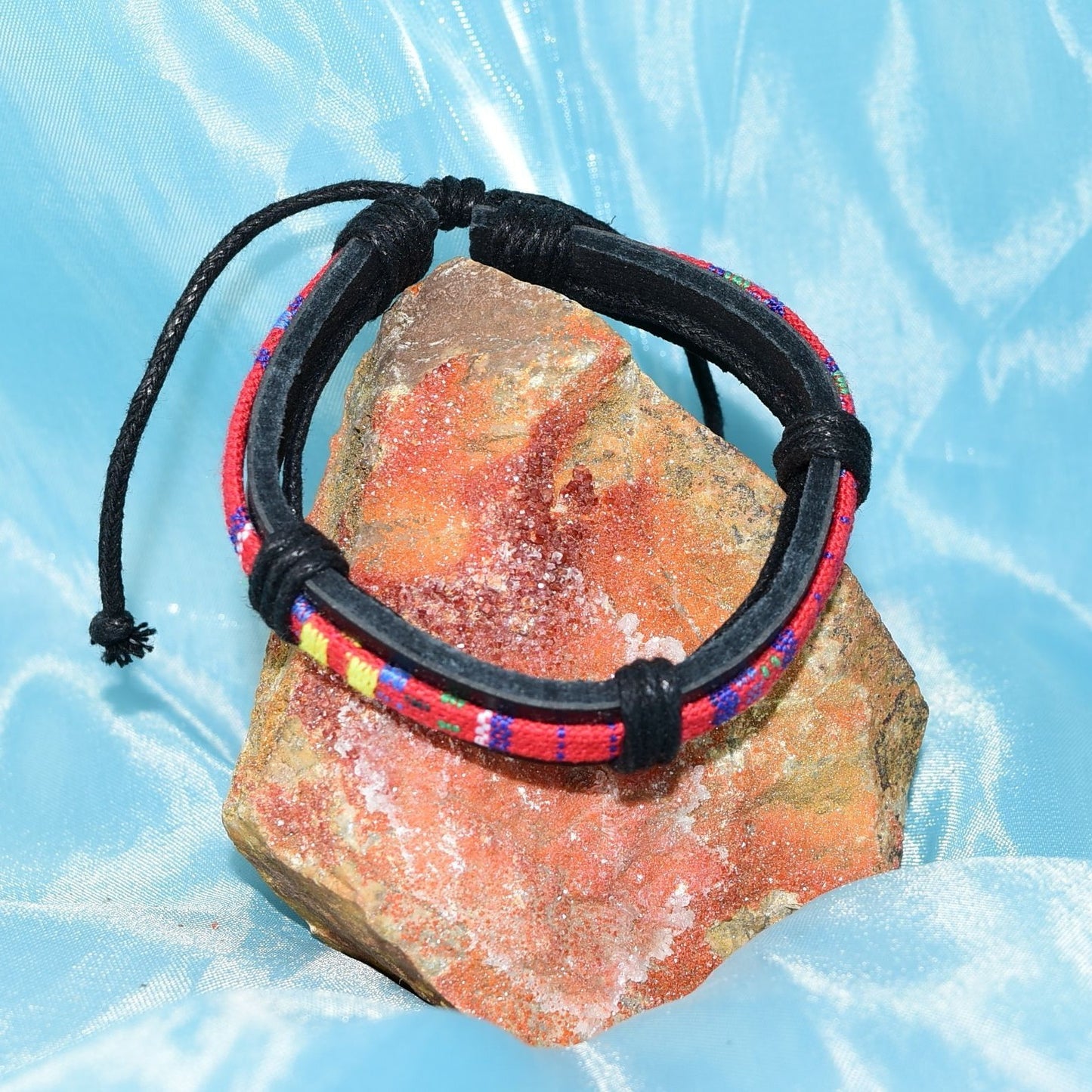 Azete Tapestry Sliding Tie Bracelet Black Red Multicolor Unisex Gift Boxed