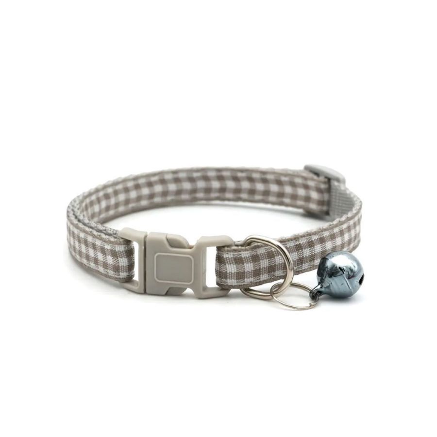 Jamie Jase Khaki Gingham Plaid Bell Accented Cat Collar with Toys Gift Package