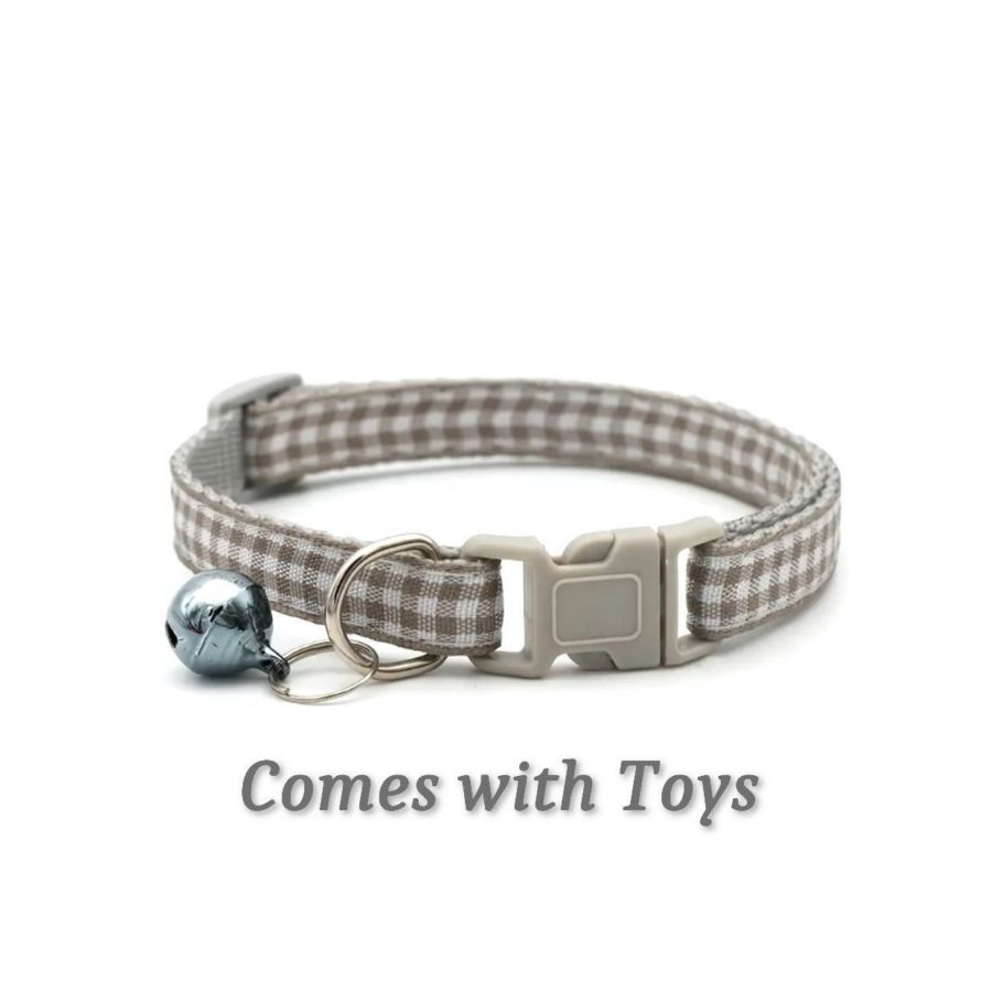 Jamie Jase Khaki Gingham Plaid Bell Accented Cat Collar with Toys Gift Package