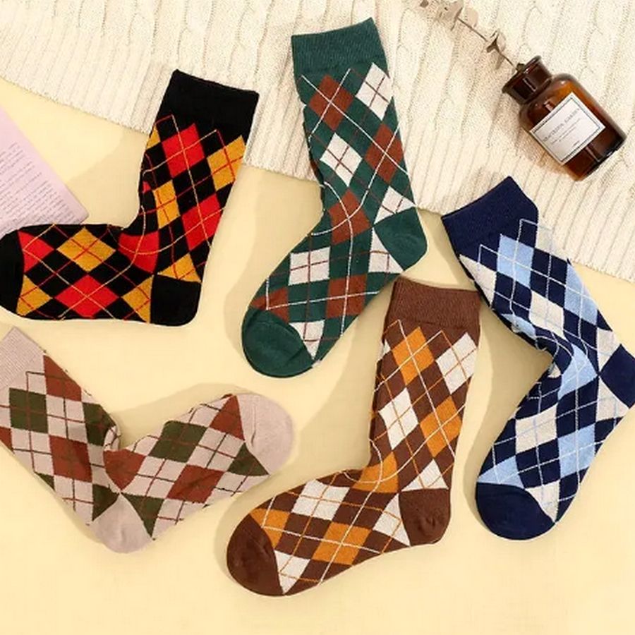 Shelby Argyle Pattern Socks Black with Orange and Red Gift Packaged