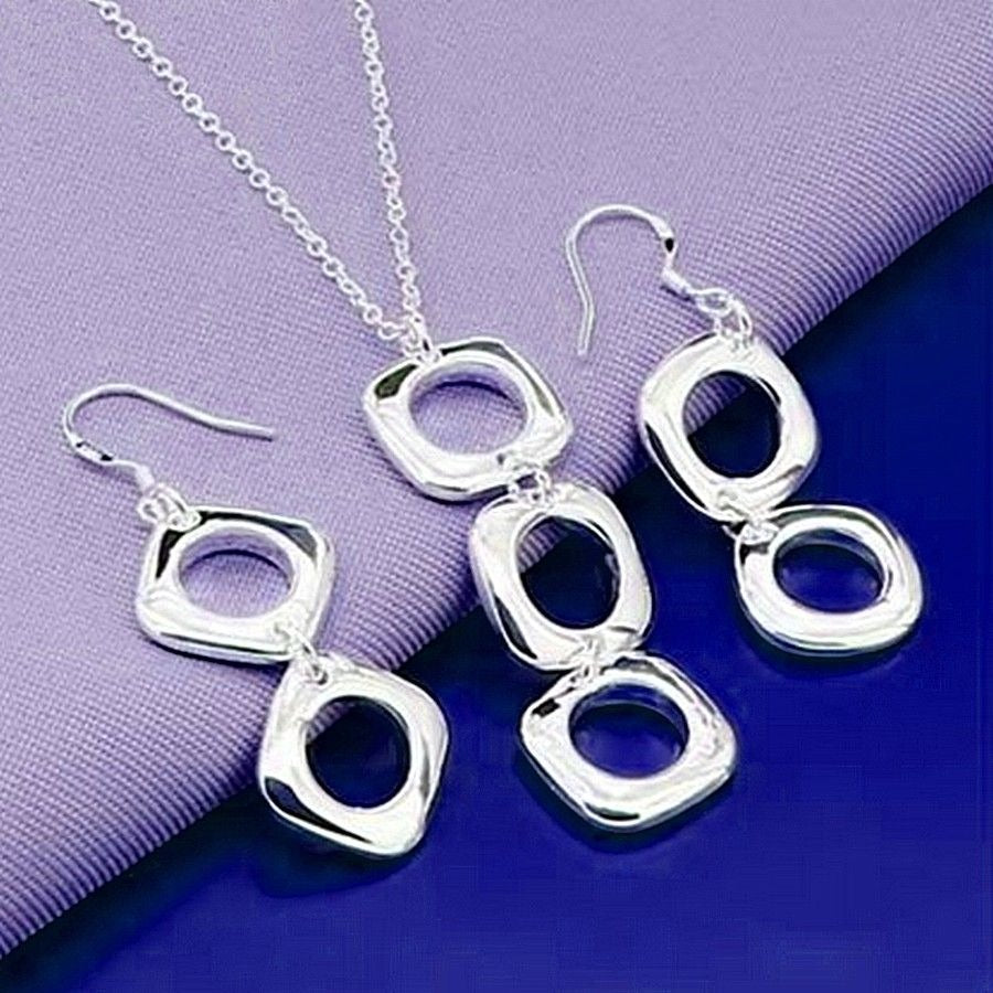 Leanna Geo Retro Open Square Drop Sterling Silver Necklace Earrings Gift Set