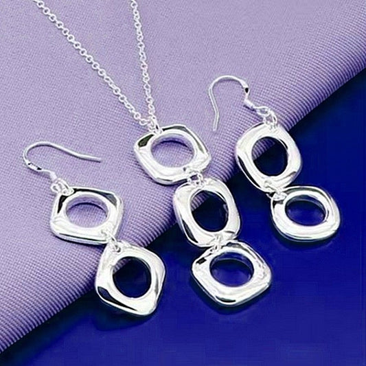 Leanna Geo Retro Open Square Drop Sterling Silver Necklace Earrings Gift Set