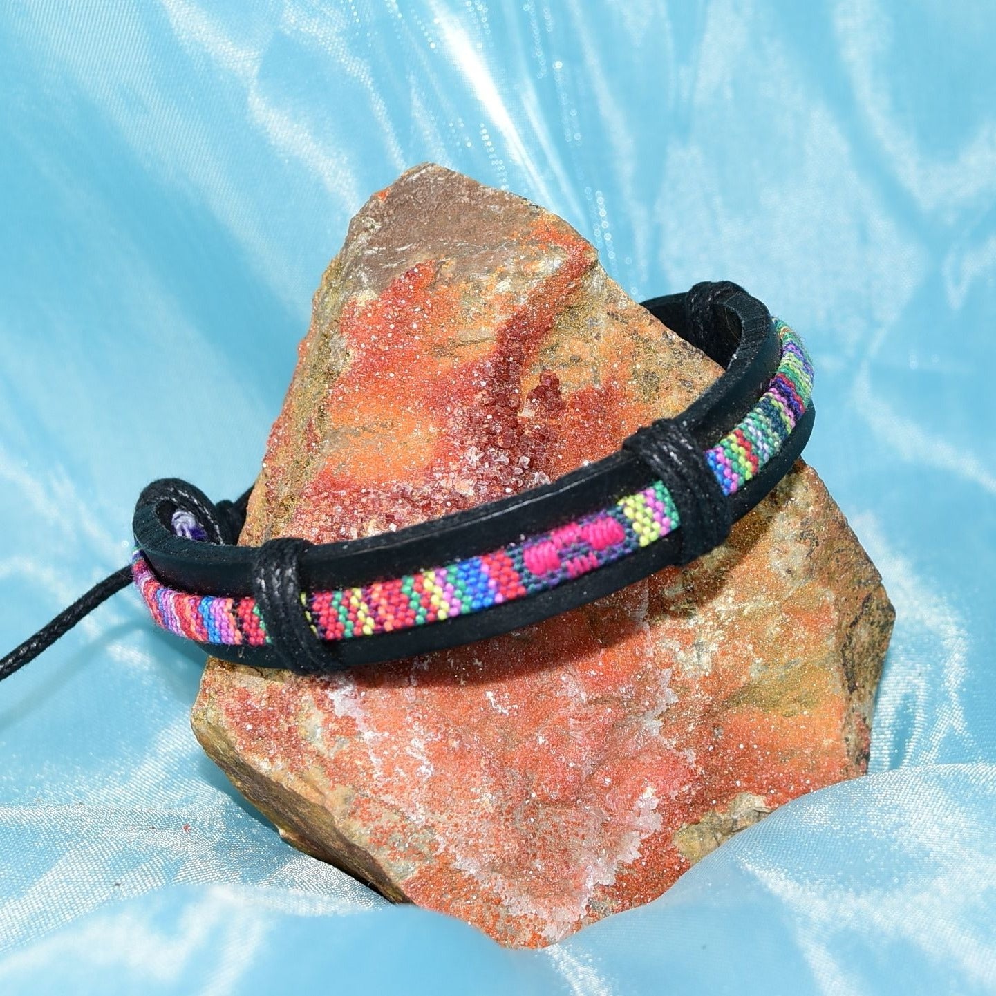 Azete Tapestry Sliding Tie Bracelet Black Pink Multicolor Unisex Gift Boxed
