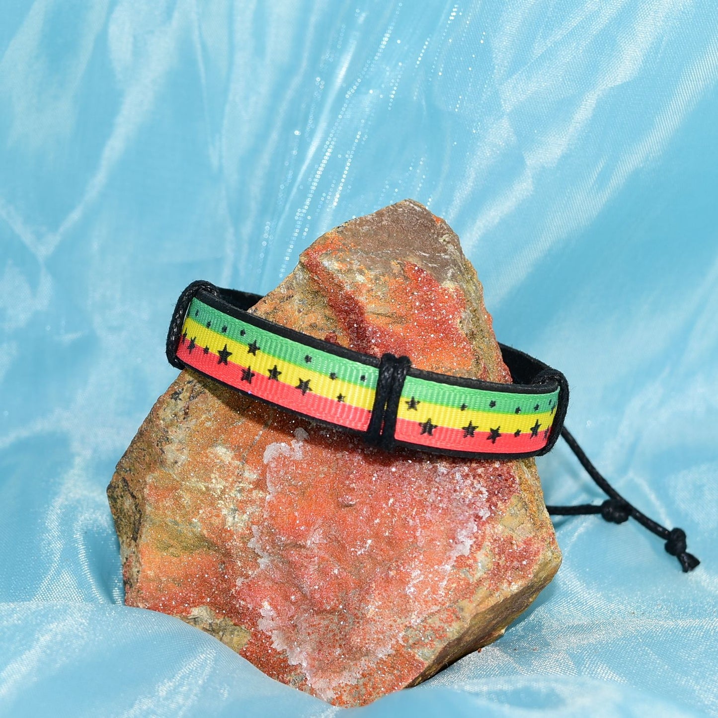 Rey Ribbon Stripes Stars Slide Tie Bracelet Black Yellow Green Womens Gift Packaged