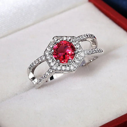 Kiara Grace Womens Rosy Red Hexagon Framed Crystal Silver Ring Size 6 Gift Boxed