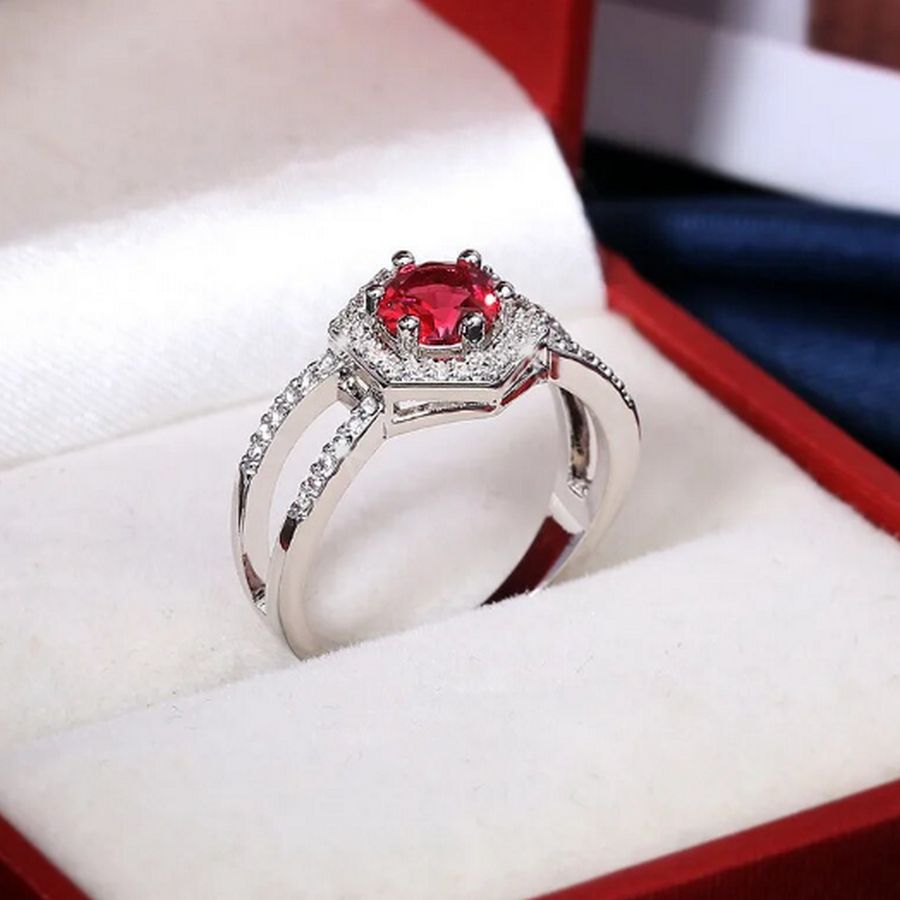 Kiara Grace Womens Rosy Red Hexagon Framed Crystal Silver Ring Size 6 Gift Boxed