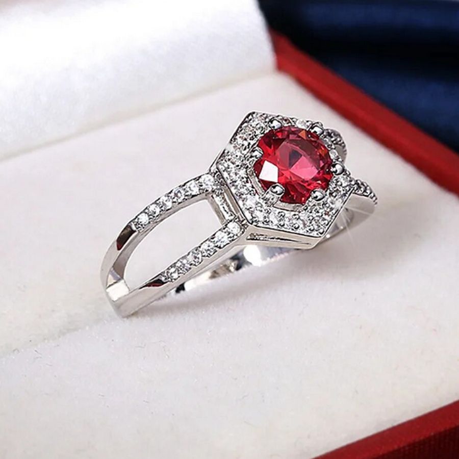 Kiara Grace Womens Rosy Red Hexagon Framed Crystal Silver Ring Size 6 Gift Boxed