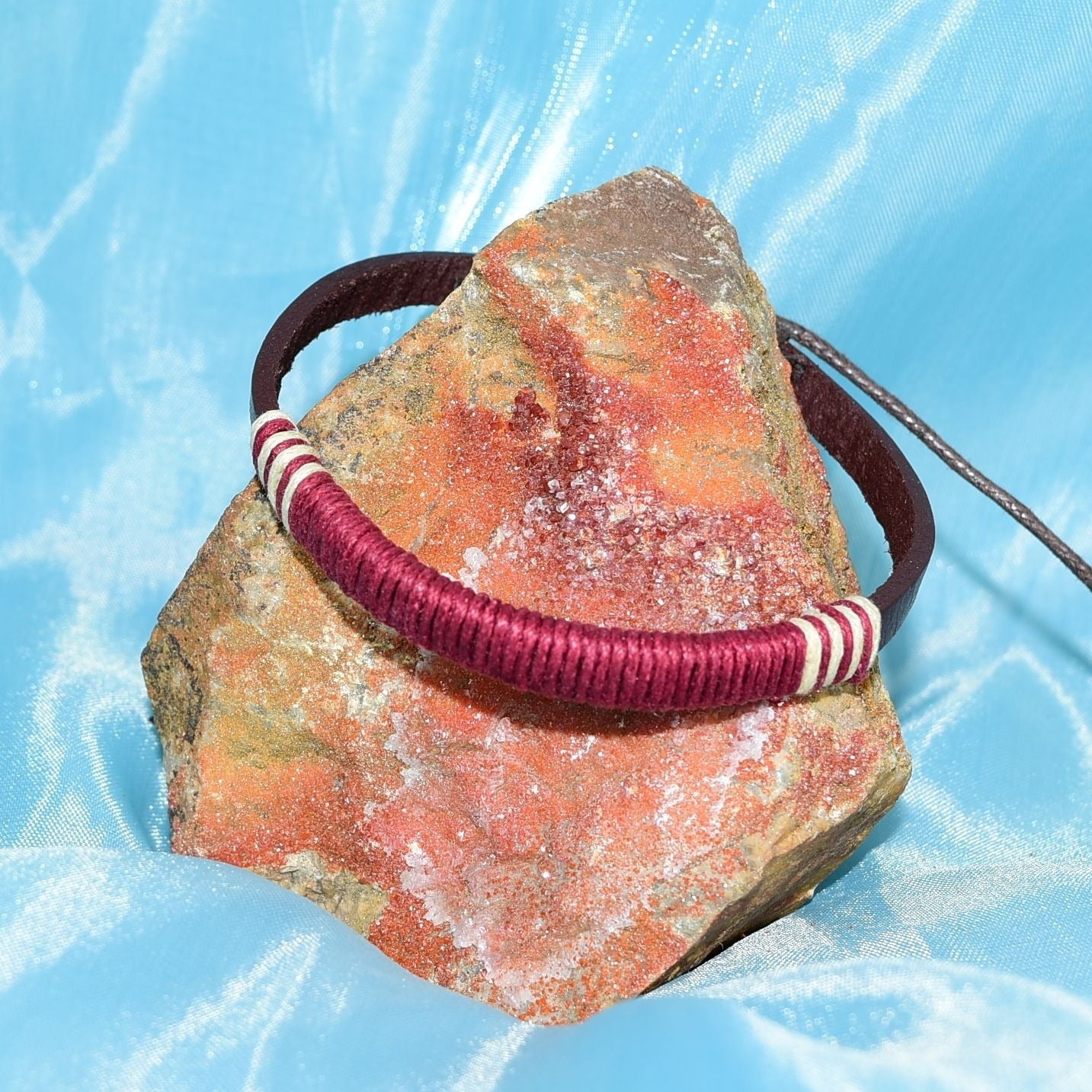 Skye Lane Hemp Accent Boho Tie Leather Bracelet Maroon Red Gift Packaged