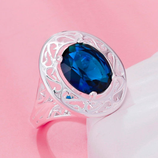 Emmalynn Sapphire-Blue Crystal Silver Cocktail Ring Size 7.5 Gift Boxed