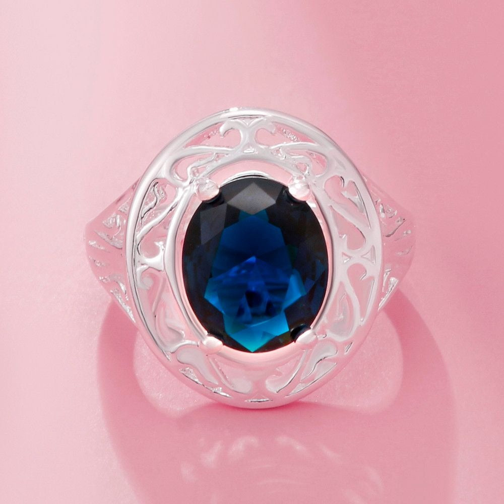 Emmalynn Sapphire-Blue Crystal Silver Cocktail Ring Size 7.5 Gift Boxed