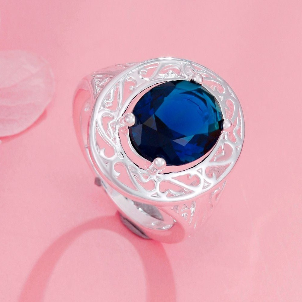 Emmalynn Sapphire-Blue Crystal Silver Cocktail Ring Size 7.5 Gift Boxed