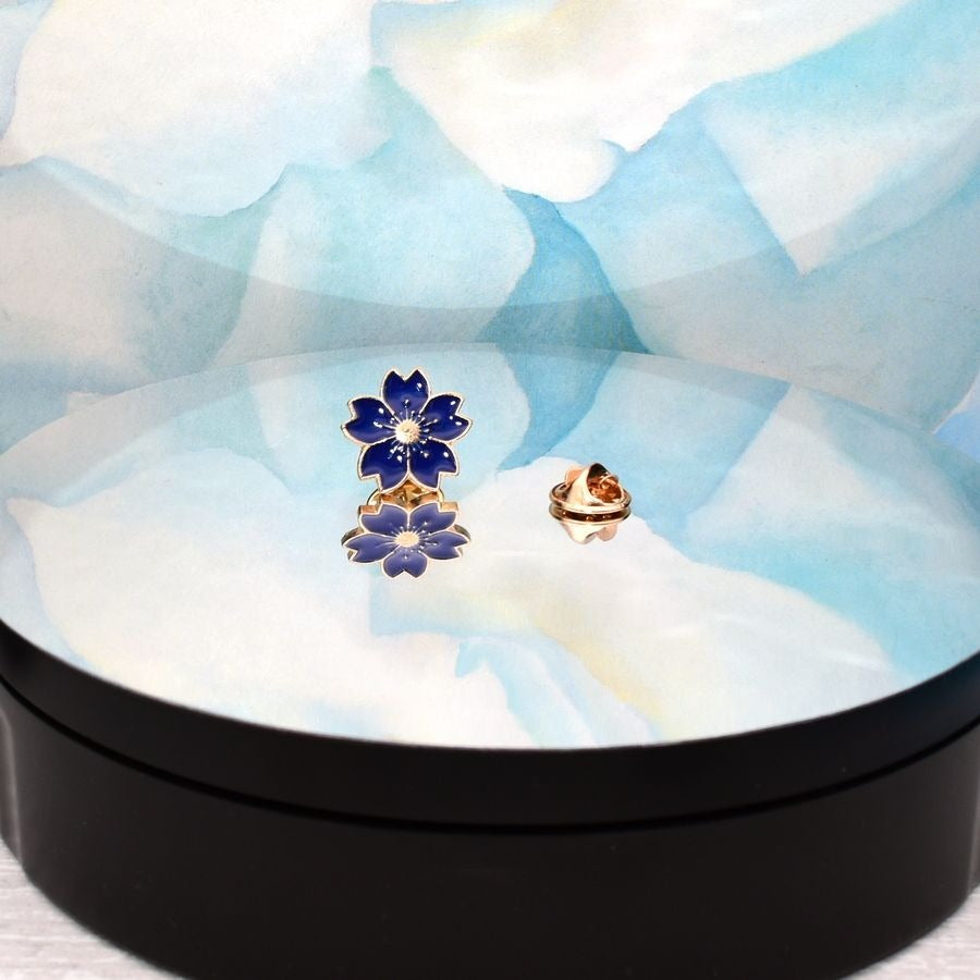 Kallie Juliet Cherry Blossom Flower Mini Brooch Pin Blue and Gold Gift Packaged