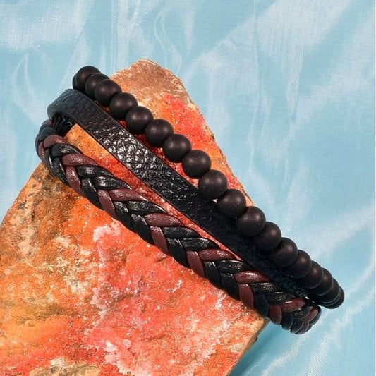 Vault Alijah Mens Braided Beaded Triple Layer Metal Clasp Leather Bracelet Gift Packaged