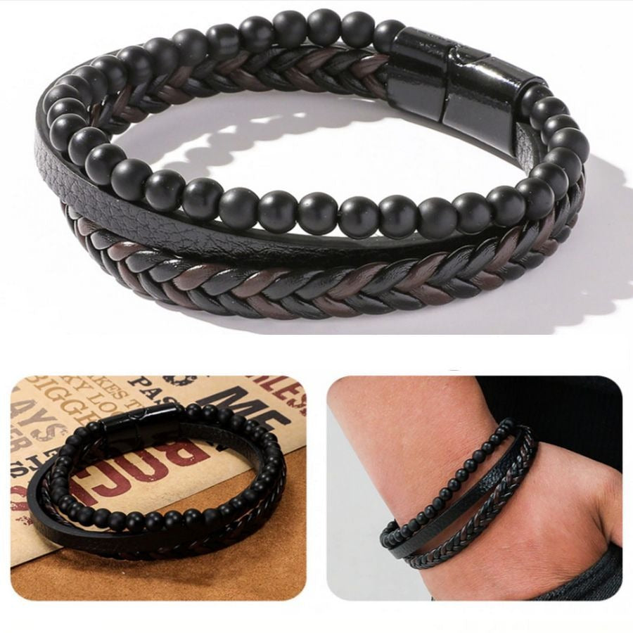 Vault Alijah Mens Braided Beaded Triple Layer Metal Clasp Leather Bracelet Gift Packaged